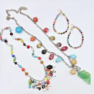 Lot of 3 Lampwork Art Glass Jade Charm Necklaces Dangle Hoop Earrings